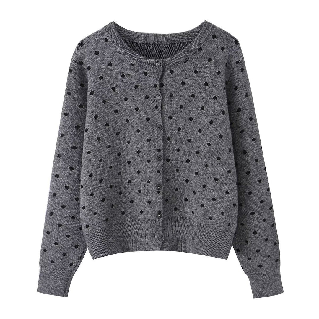 Women short cut fine knitted cardigan with round neckline, button placket and all-over polka dot pattern Mune Fashion