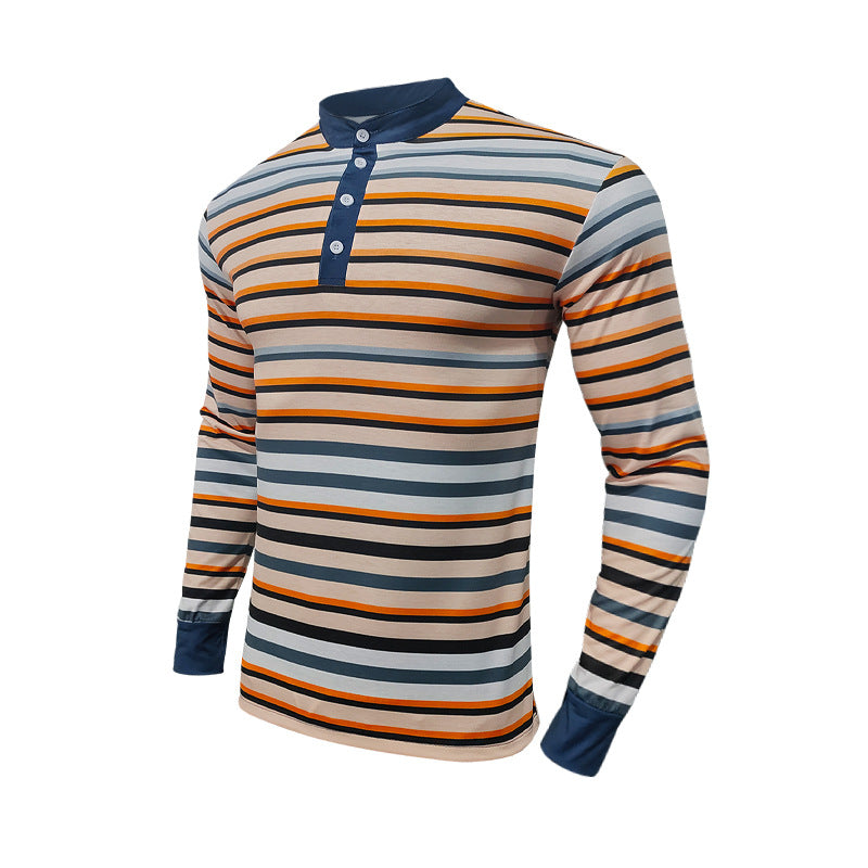 Men's striped long-sleeve Henley shirt with stand-up collar and button placket Mune Fashion
