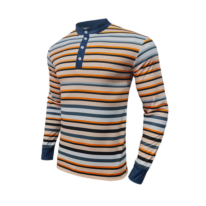 Men's striped long-sleeve Henley shirt with stand-up collar and button placket Mune Fashion