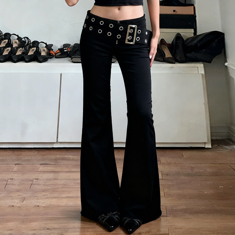 Women High-Waisted Flared Pants made of Stretch Denim with Grommet Belt Mune Fashion