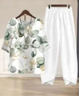 Women's lightweight tunic two-piece made of viscose-linen blend with V-neck, three-quarter sleeves, and ankle-length comfort waistband pants Mune Fashion