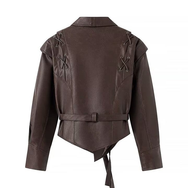 Women's tailored faux leather blazer with shawl collar, lacing details on the shoulder, and tie belt Mune Fashion