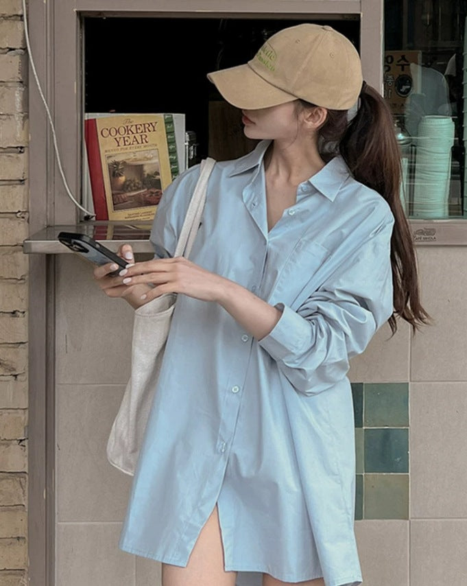 Women Lightweight Oversized Poplin Shirt Dress with Boxy Silhouette and Wide Cuffs Mune Fashion