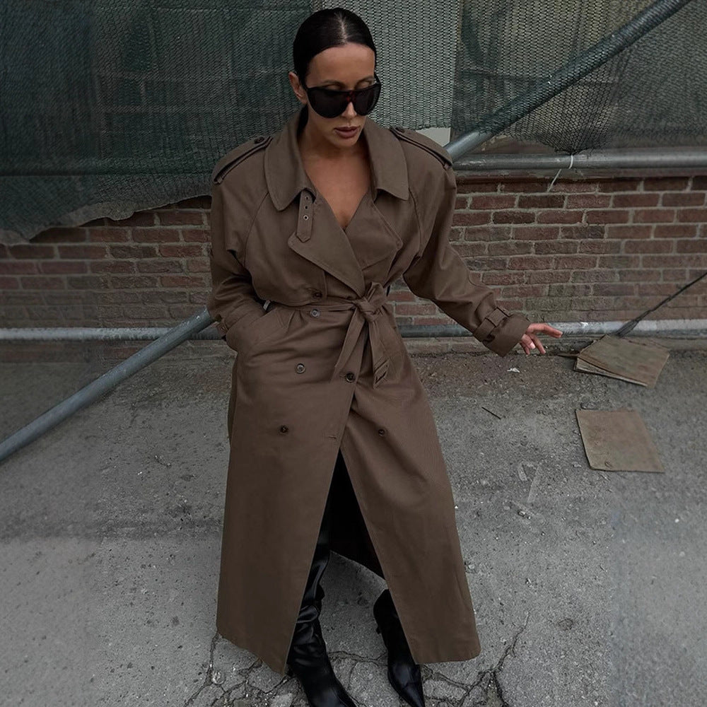Women's Maxi Length Trench Coat with Emphasized Shoulder Section, Double Button Placket and Tie Belt Mune Fashion