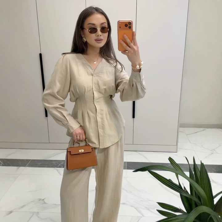 Women V-Neck Blouse and Culotte Set with Waist Pleats and Wide Legs Mune Fashion