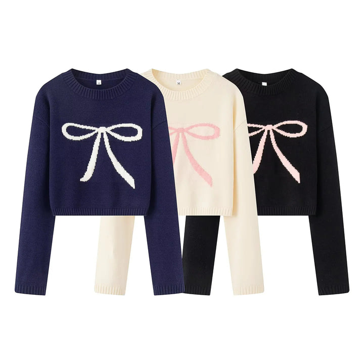 Women's short cut knitted sweater with intarsia bow motif Mune Fashion