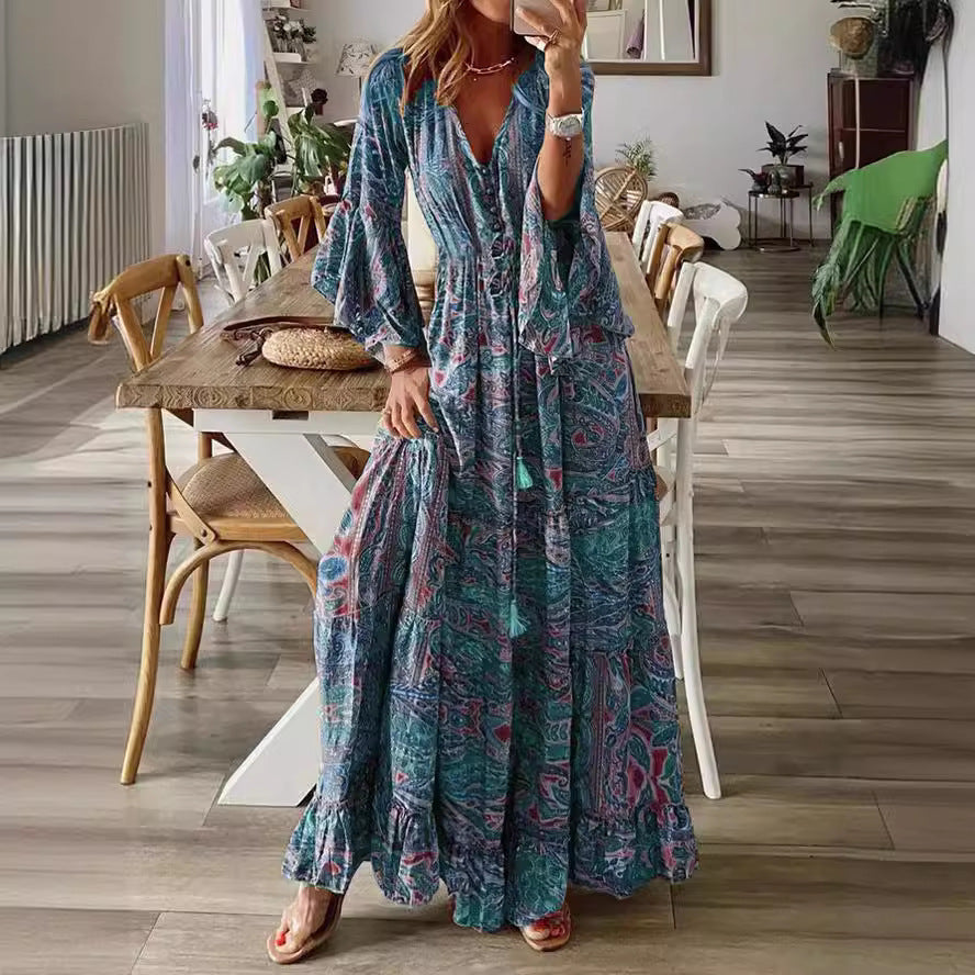 Women’s Boho Maxi Dress with Paisley Print, V-Neck, Ruffle Sleeves, and Waist Tie Belt Mune Fashion