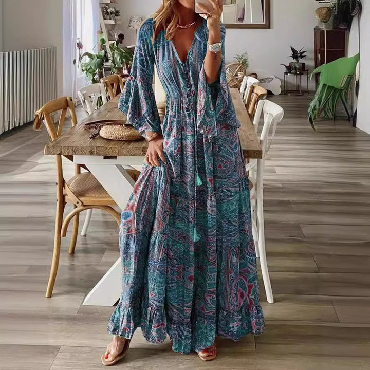 Women’s Boho Maxi Dress with Paisley Print, V-Neck, Ruffle Sleeves, and Waist Tie Belt Mune Fashion