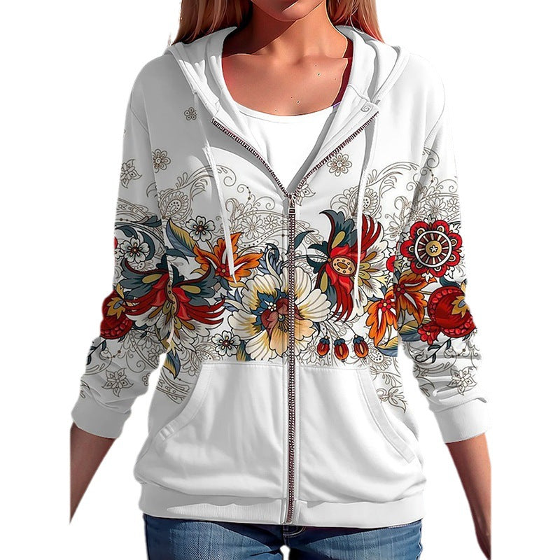 Women's hoodie jacket with full zip and floral boho print look Mune Fashion