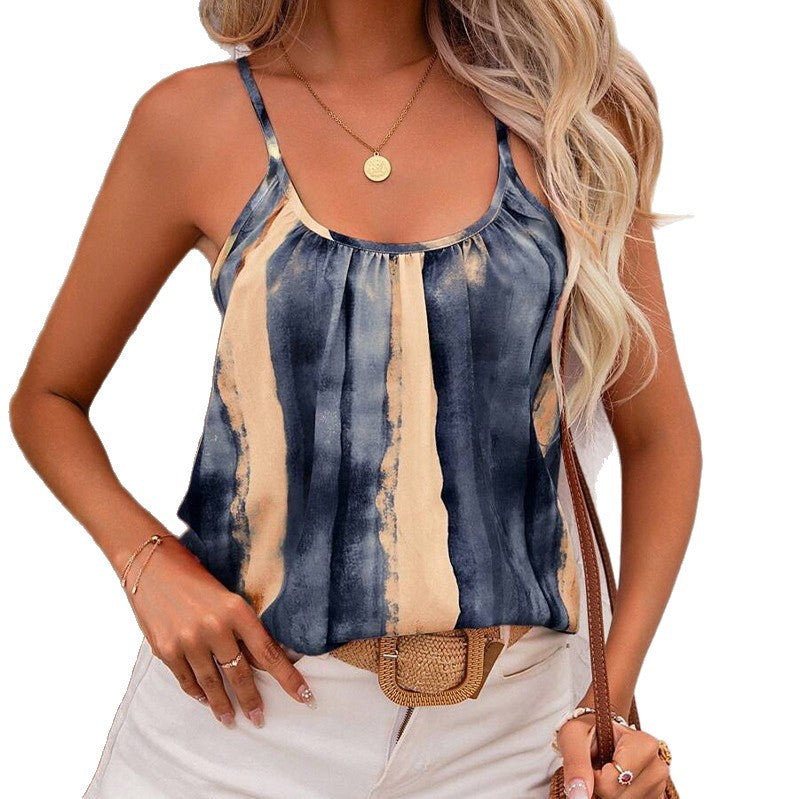 Women’s airy batik spaghetti strap top with U neckline, gathering and A-line cut Mune Fashion
