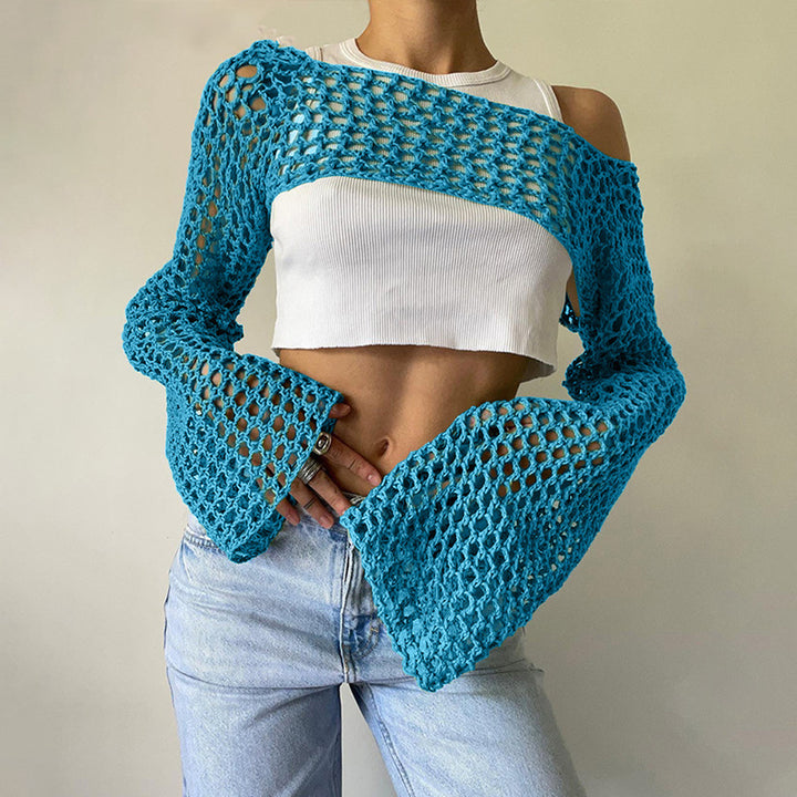 Women's Crocheted Long Sleeve Top with Off-Shoulder Design Mune Fashion