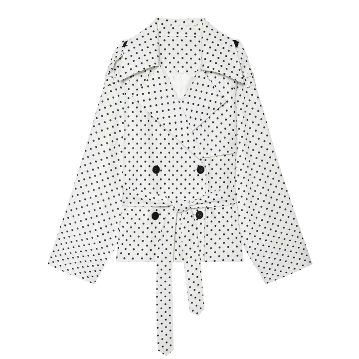 Women Polka Dot Cropped Trench Coat with Waist Belt and Double Breasted Button Placket Mune Fashion