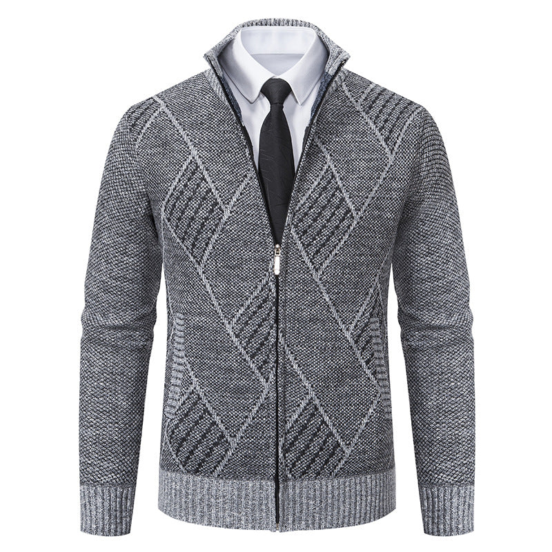 Men's fine knit zip jacket with structured diamond pattern, stand-up collar and continuous zipper Mune Fashion