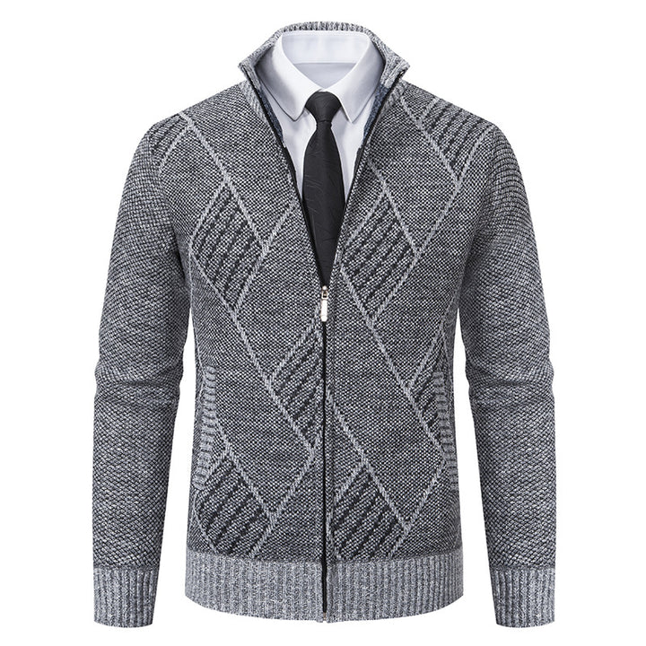Men's fine knit zip jacket with structured diamond pattern, stand-up collar and continuous zipper Mune Fashion