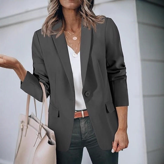 Women's Light Stretch Blazer with Shawl Collar, One-Button Closure and Three-Quarter Sleeves Drune