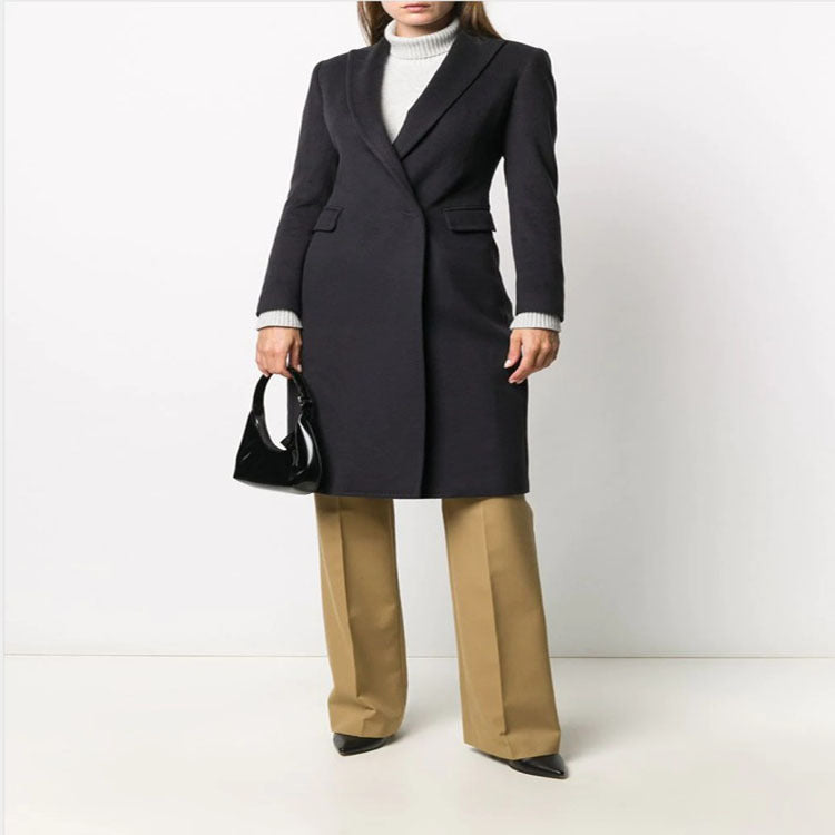 Women Slim Tailored Long Coat with Shawl Collar, fitted seam guidance and concealed button placket Mune Fashion
