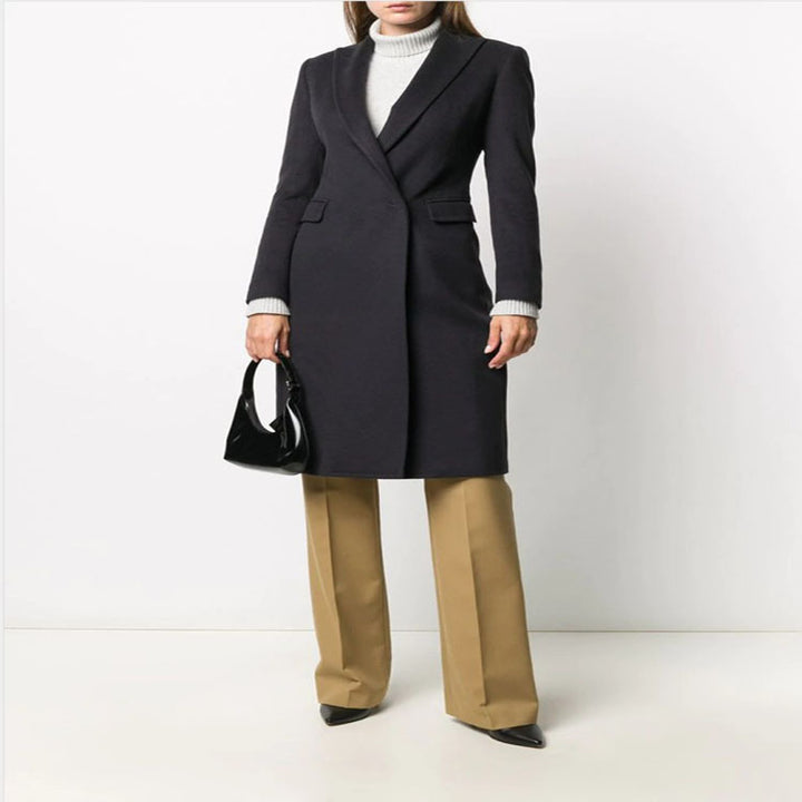Women Slim Tailored Long Coat with Shawl Collar, fitted seam guidance and concealed button placket Mune Fashion