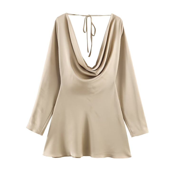 Women's Short Satin Mini Dress with Deep Waterfall Back, V-Neck Front, and Long Sleeves Mune Fashion