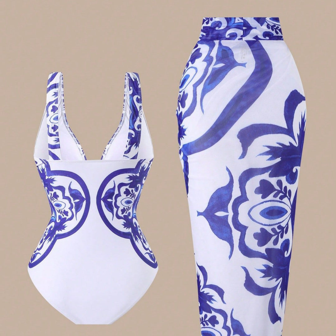 Women One-Piece Swimsuit with Fashionable Wrap Skirt Mune Fashion