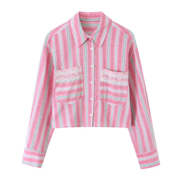 Women Short Cut Linen Blouse with Striped Pattern and Lace Chest Pockets Mune Fashion