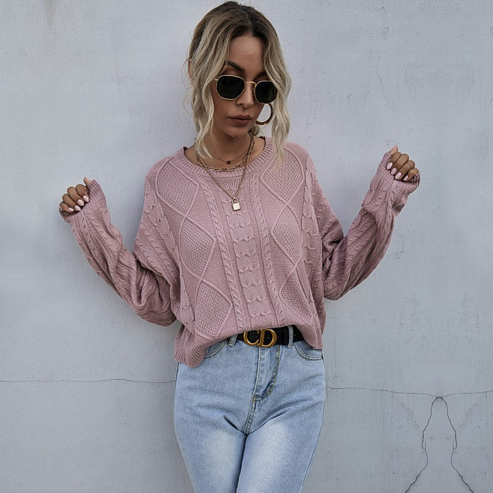 Women Casual Oversized Knit Sweater with Geometric Cable Pattern and Deep Sleeve Cuffs Mune Fashion