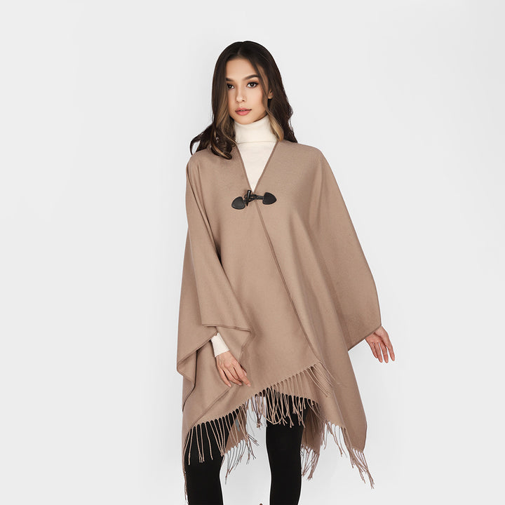 Women's Lightweight Waterfall Poncho with Toggle Closure, Asymmetric Hem and Fringed Edge Mune Fashion