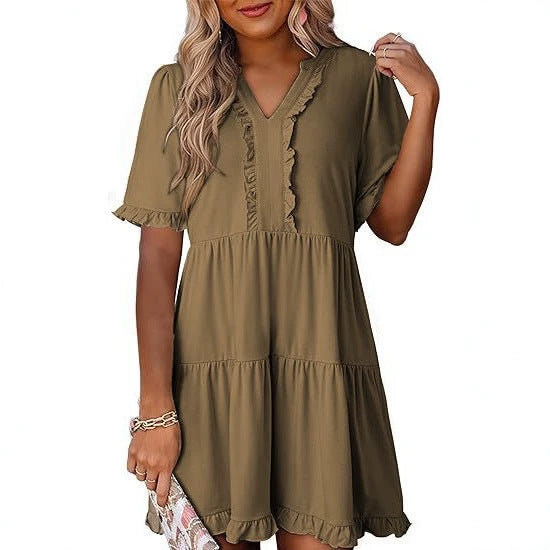 Women's lightweight swing dress with V-neck, tiered skirt and delicate ruffles Mune Fashion