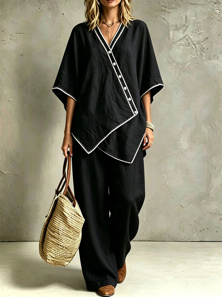 Women's Asymmetric Tunic Loungewear Set with Diagonal Button Placket and Wide Palazzo Pants Drune