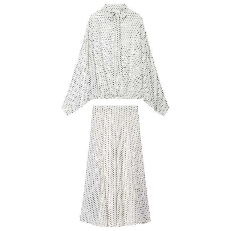 Women's Two-Piece Set made of lightweight chiffon with wide midi skirt and balloon sleeve blouse with bow collar Mune Fashion