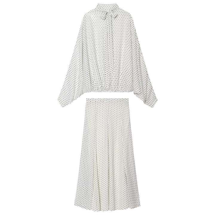 Women's Two-Piece Set made of lightweight chiffon with wide midi skirt and balloon sleeve blouse with bow collar Mune Fashion
