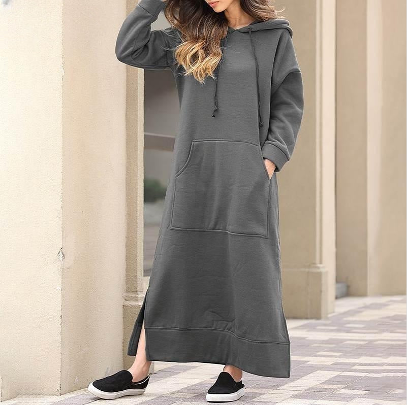 Women's long hooded sweat dress with kangaroo pocket, side slits and loose oversized fit Mune Fashion