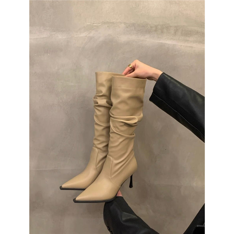 Women Slouchy knee-high boots with pointed toe shape and sculptural stiletto heel Mune Fashion
