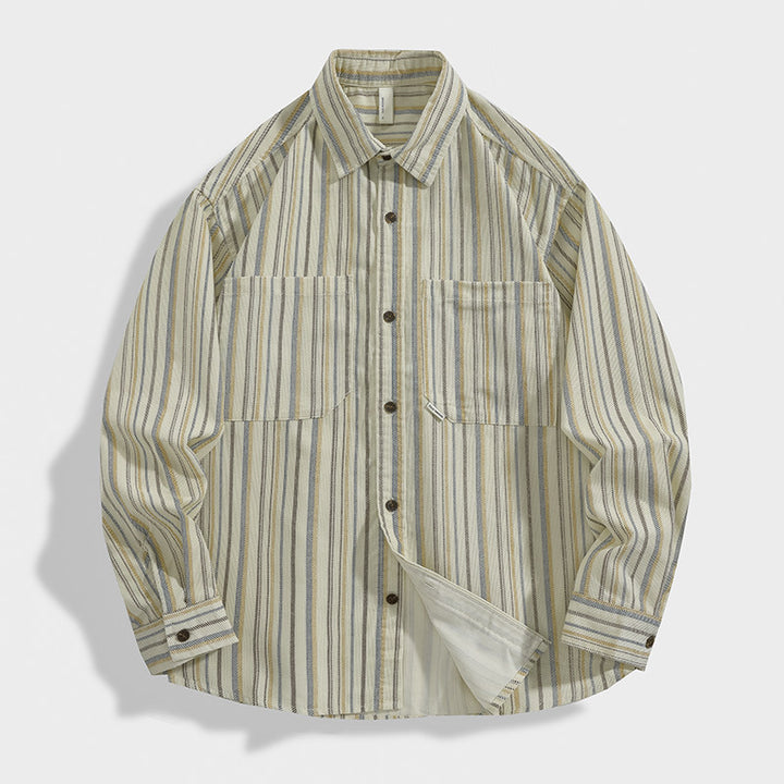 Men Striped Overshirt-Shirt made of Cotton-Linen with Chest Pockets Mune Fashion