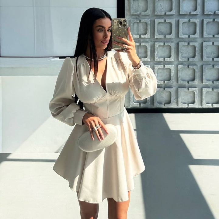 Women's Corset Detail Mini Dress with Puff Sleeves and Flared Skirt Mune Fashion