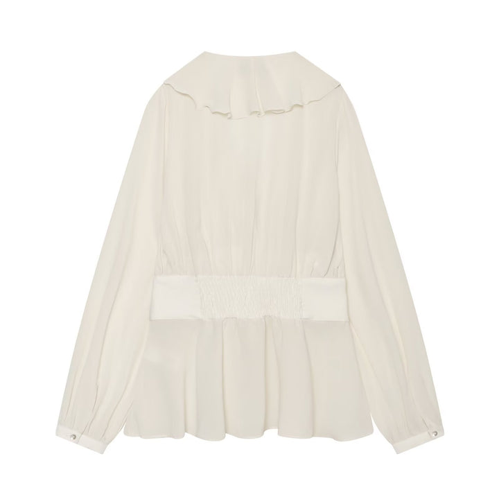 Women Ruffled Viscose Blouse with Ruffled Collar and Tailored Yoke Drune
