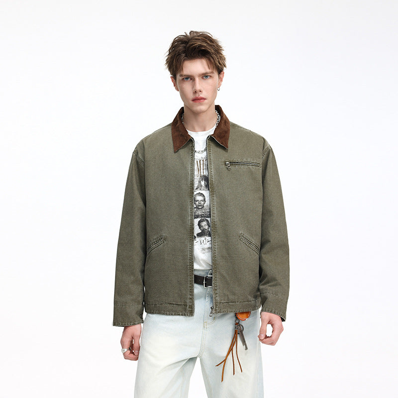 Men's casual jacket made of washed cotton canvas with cord collar and zip pocket Mune Fashion