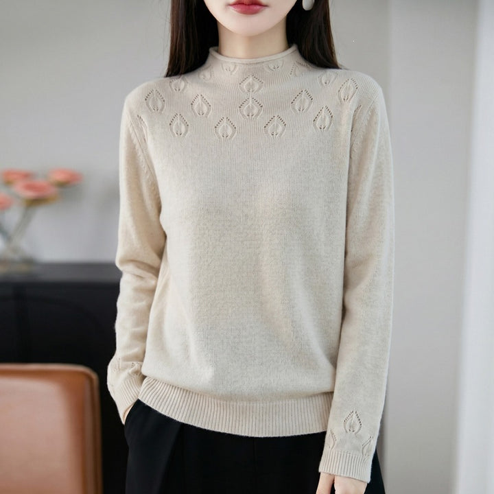 Women's Lightweight Stand Collar Sweater with Floral Lace Yoke and Fine Rib Edge Mune Fashion