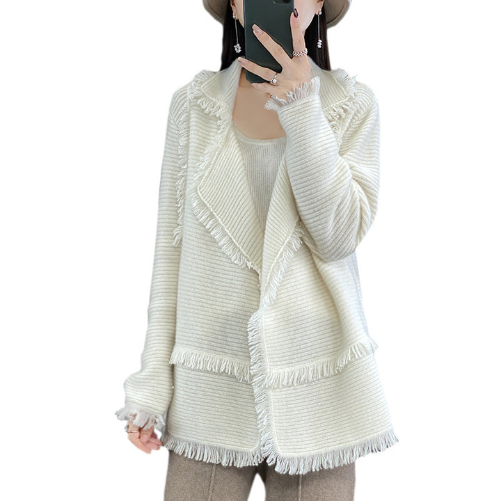 Women’s Long Fringe Knit Cardigan with Large Shawl Collar and Fine Rib Structure Mune Fashion