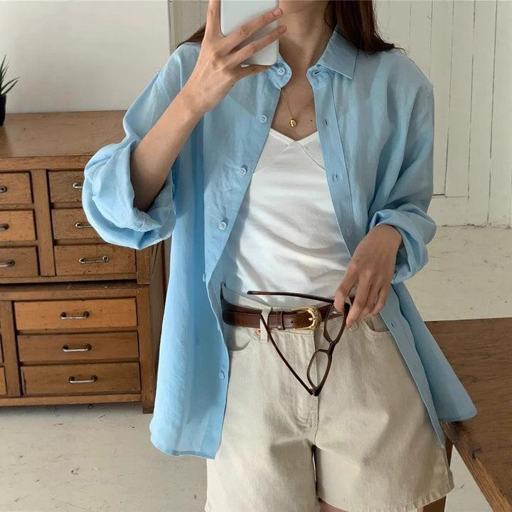 Women's Casual Oversized Shirt Blouse with Boxy Silhouette and Roll-Up Sleeves Mune Fashion