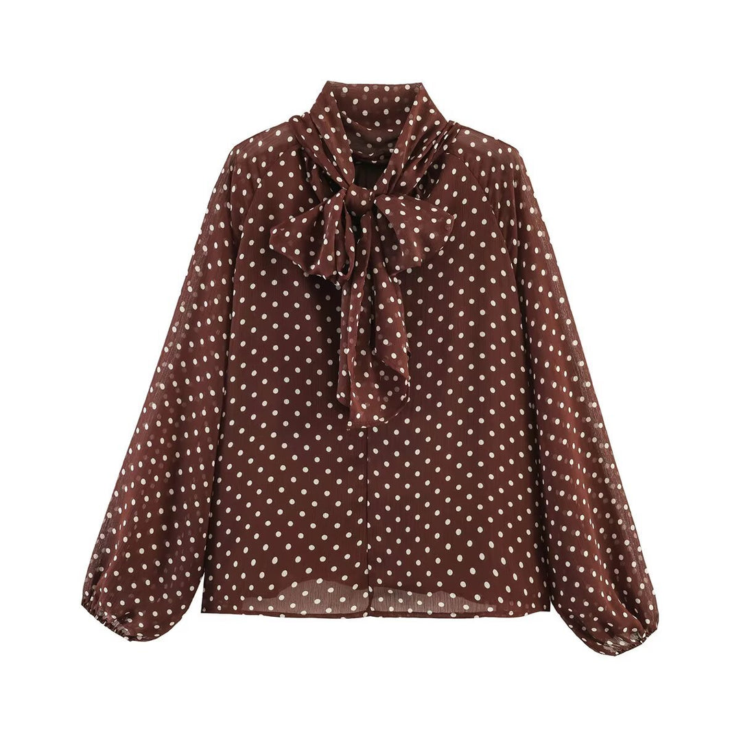 Women 50+ silk-like polka dot slip blouse with bow collar and balloon sleeves Mune Fashion