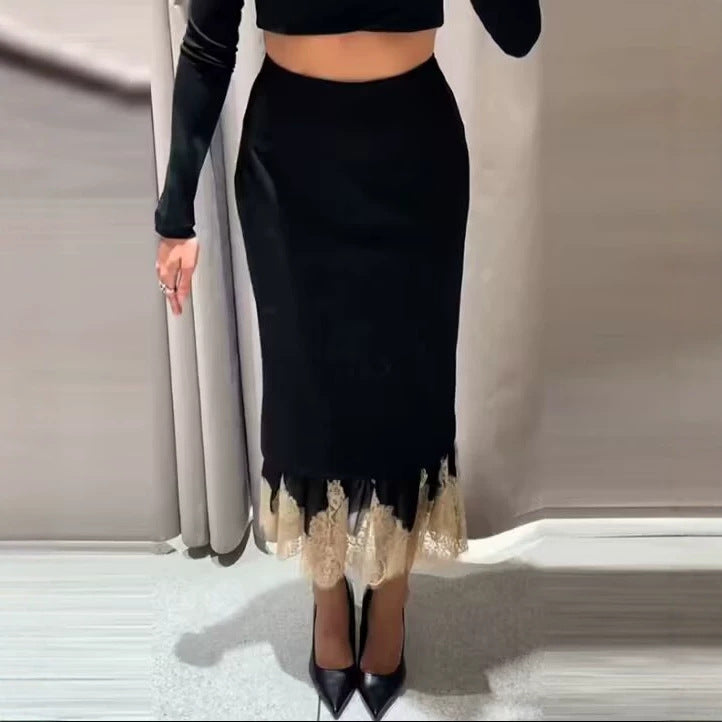 Ladies Elegant Pencil Midi Skirt with Contrasting Lace Underlay Mune Fashion