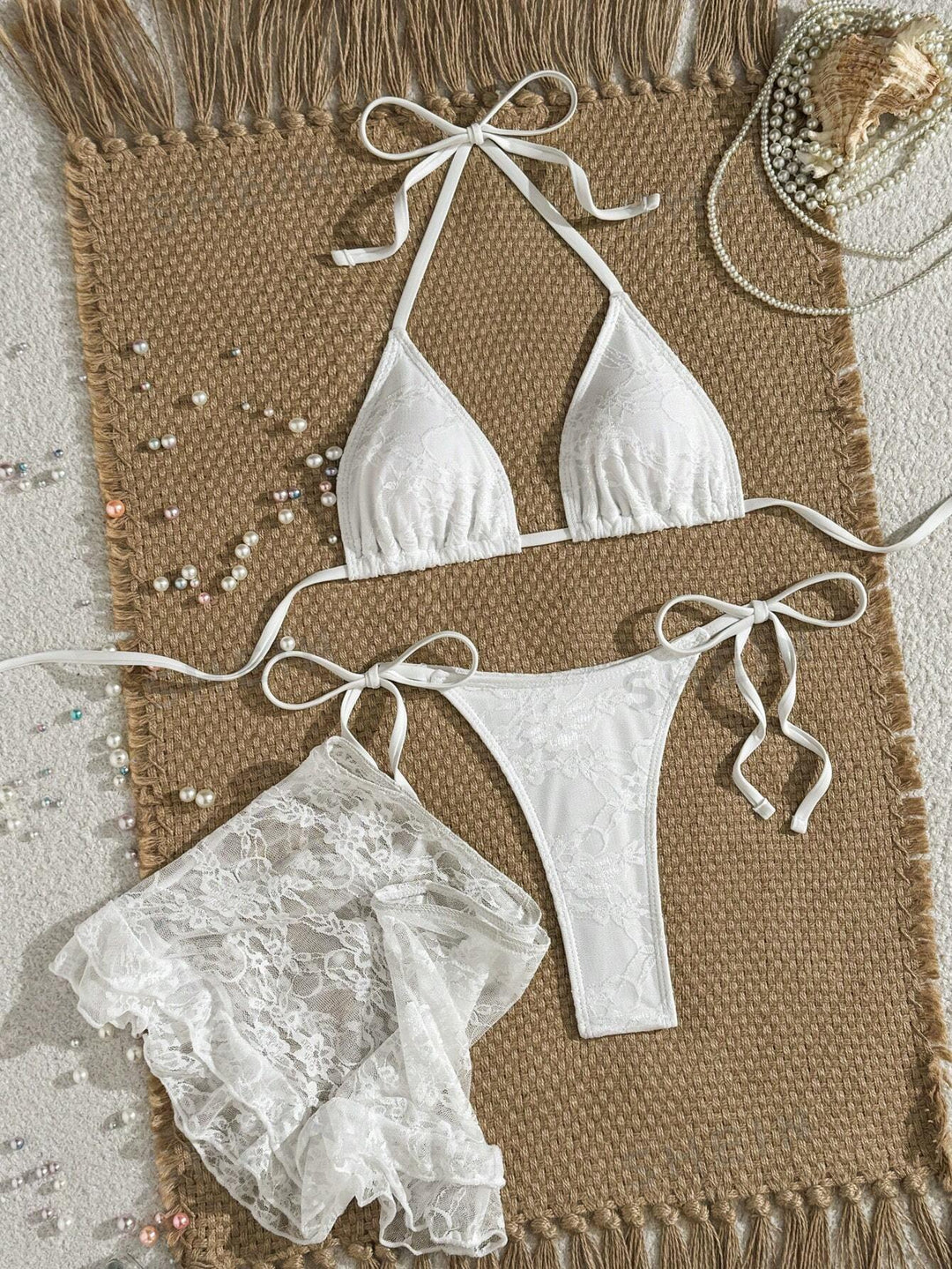 Ladies Lace Bikini with Floral Design and Flowing Skirt Mune Fashion