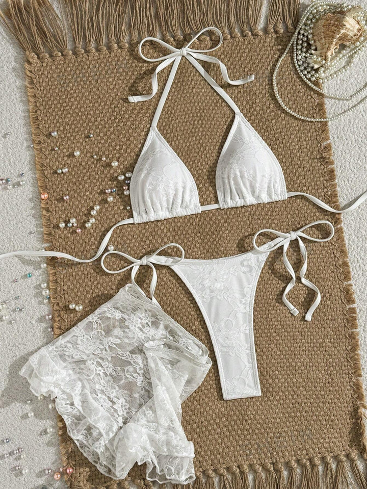 Ladies Lace Bikini with Floral Design and Flowing Skirt Mune Fashion
