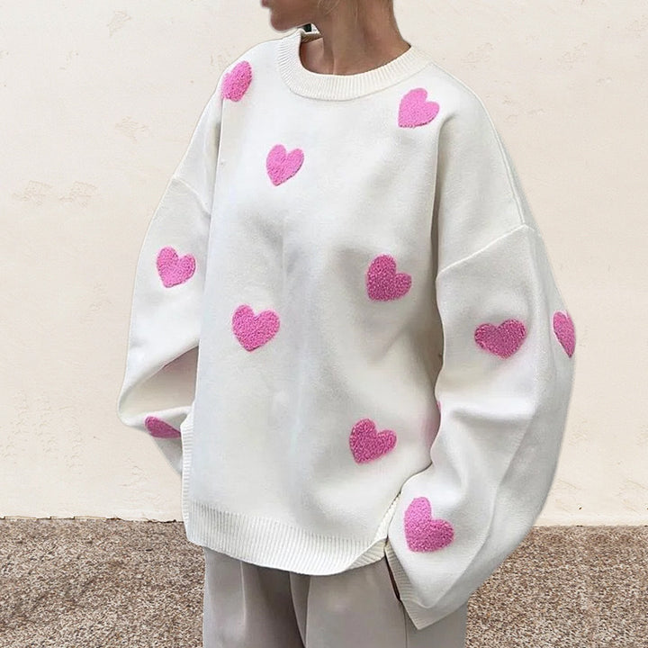 Women's Oversized Fine Knit Sweater with Allover Heart Intarsia and Dropped Shoulders Mune Fashion