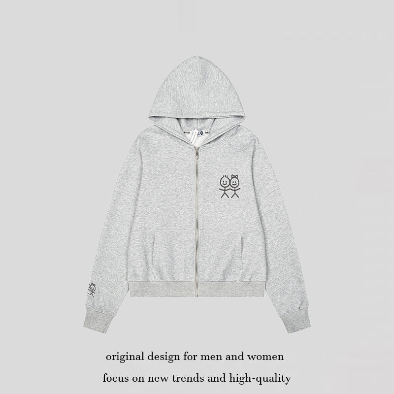 Women's hooded sweatshirt jacket with full zip lightweight French terry stick figure print and kangaroo pockets Mune Fashion