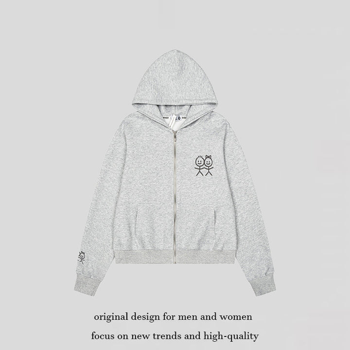 Women's hooded sweatshirt jacket with full zip lightweight French terry stick figure print and kangaroo pockets Mune Fashion