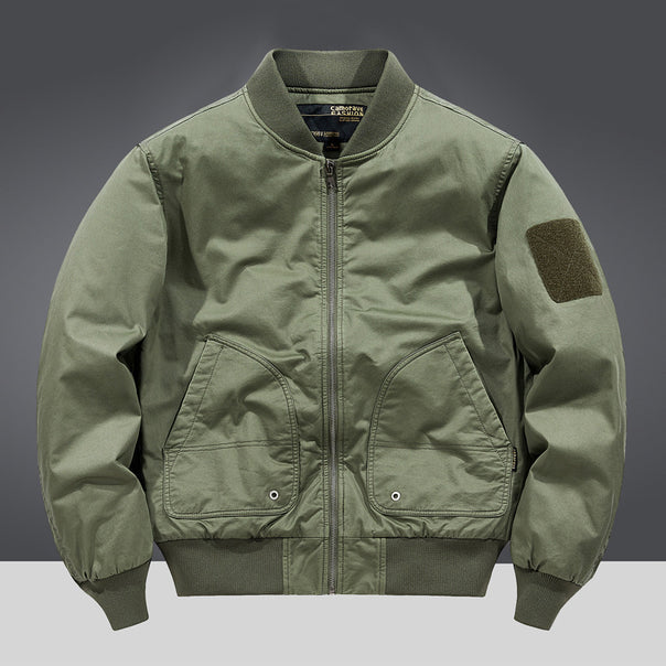 Men's  military-inspired heavyweight cotton bomber jacket with curved flap utility pockets and sleeve velcro patch Mune Fashion