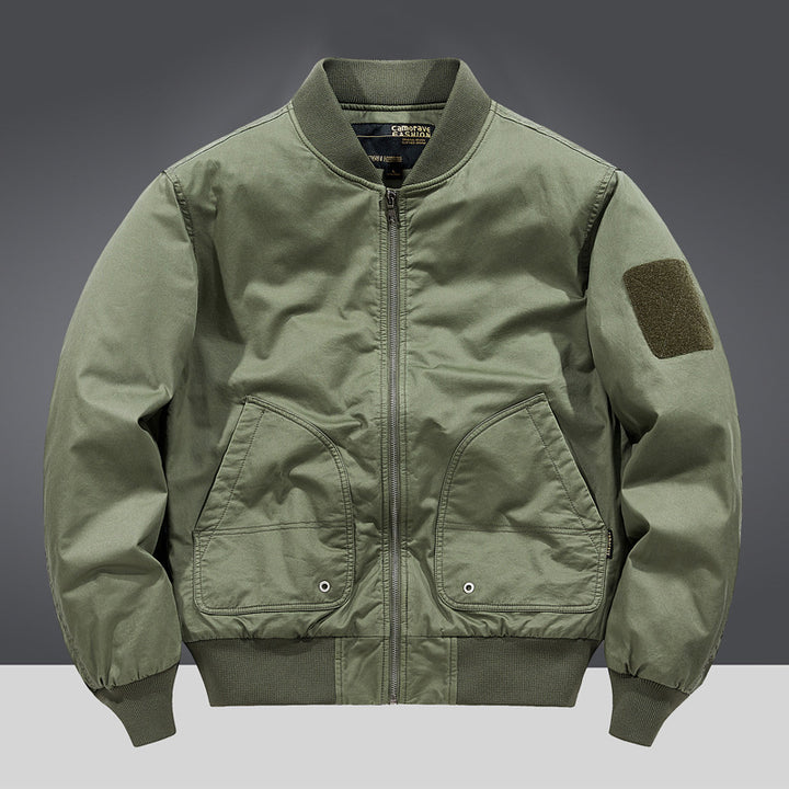 Men's  military-inspired heavyweight cotton bomber jacket with curved flap utility pockets and sleeve velcro patch Mune Fashion