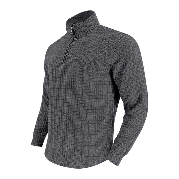 Men's Quilted Quarter-Zip Pullover with Check Pattern and Stand Collar Mune Fashion
