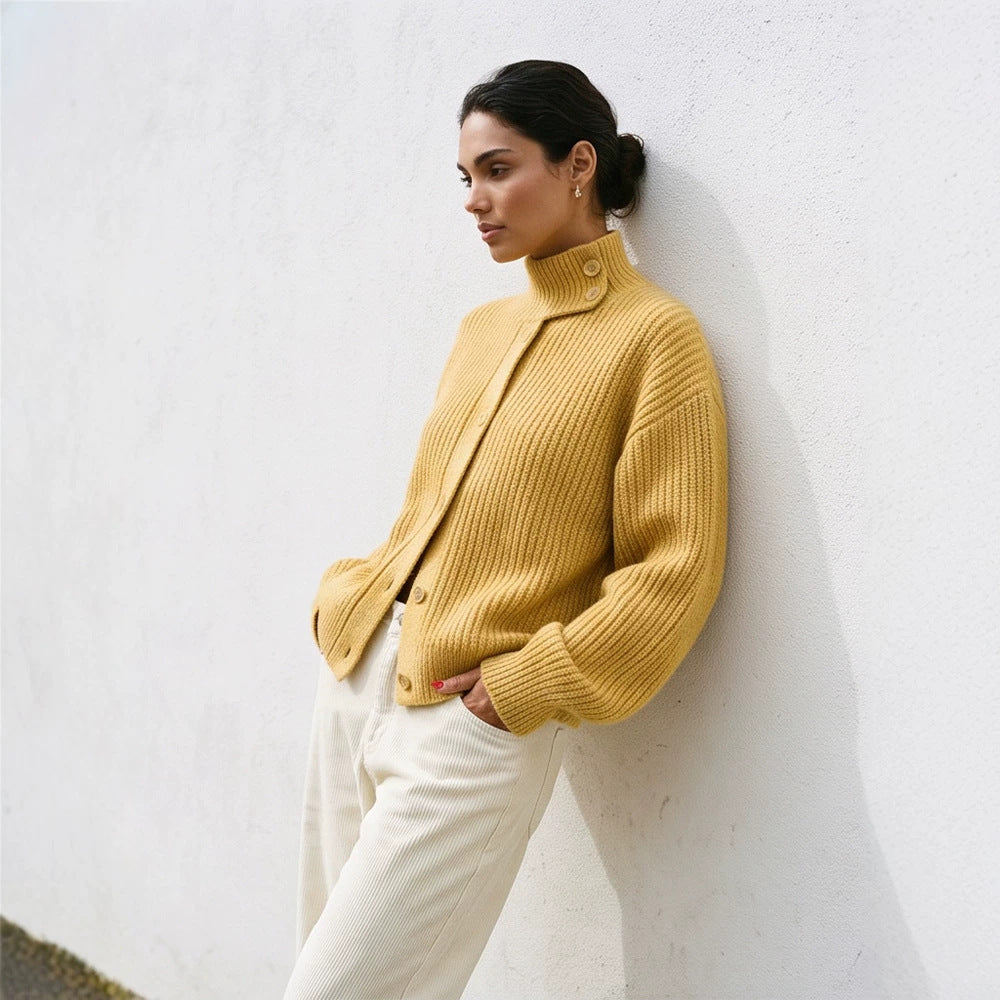Women Oversize Cardigan with Rib Structure and Stand-Up Collar Mune Fashion